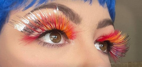 Carnival Eyelashes Red Feathery W/Silver Tinsel