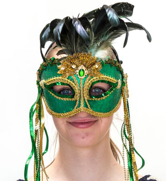 Interalia Green Mask with Ribbon and Feathers